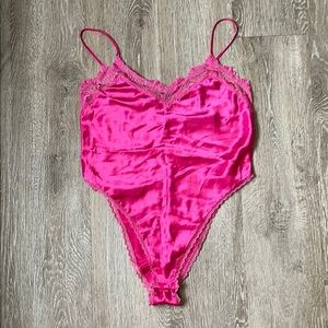 Vintage gold label Victoria's Secret hot Pink Chemise Satin teddy bodysuit